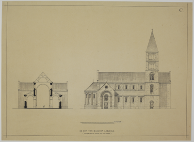 214418 Dwarsdoorsnede en opstand van de linkergevel van de door bisschop Adelbold gebouwde Domkerk te Utrecht; zonder ...
